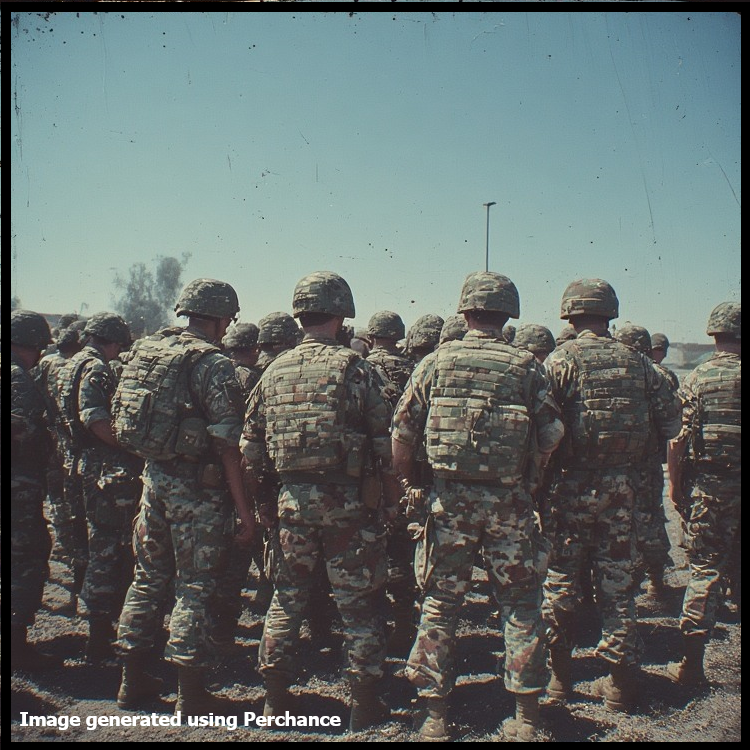 A group of military people viewed from behind.