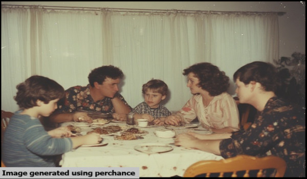 A family at a table with one empty chair.