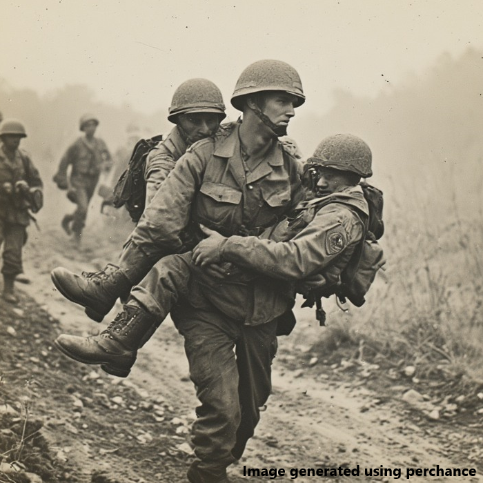 Soldiers carrying another to safety.