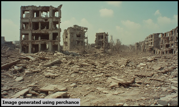 A destroyed town revealing the cost of war.